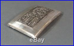 Antique Chinese Export Sterling Silver Box Curved Cigarette Case Relief Pagoda
