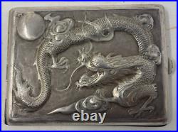 Antique Chinese Export Sterling Silver Cigarette Case Box Moon & Dragon