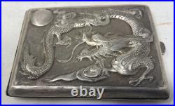 Antique Chinese Export Sterling Silver Cigarette Case Box Moon & Dragon