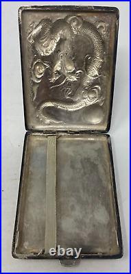 Antique Chinese Export Sterling Silver Cigarette Case Box Moon & Dragon