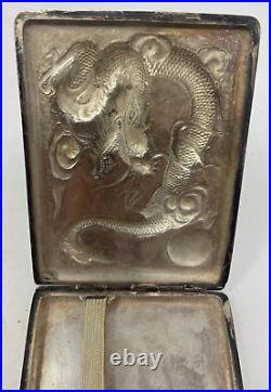 Antique Chinese Export Sterling Silver Cigarette Case Box Moon & Dragon