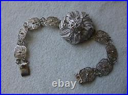 Antique Chinese Export Sterling Silver Filigree Flowers Bracelet