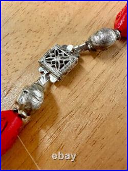 Antique Chinese Export Sterling Silver Red Cinnabar Bead Necklace Donkey Pendant
