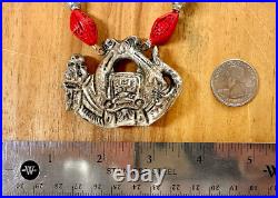 Antique Chinese Export Sterling Silver Red Cinnabar Bead Necklace Donkey Pendant
