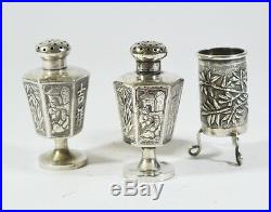 Antique Chinese Export Sterling Silver Salt Dish And Pepper Shaker