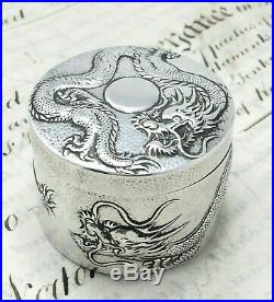 Antique Chinese Export Wang Hing Silver Box Dragons Hammered 1890 Hong Kong 70g