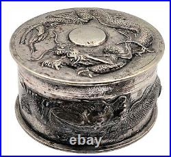 Antique Chinese Export box Silver. 900 decorated with Dragons