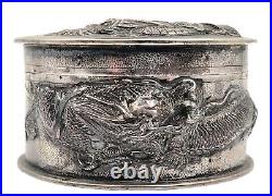 Antique Chinese Export box Silver. 900 decorated with Dragons