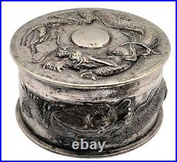 Antique Chinese Export box Silver. 900 decorated with Dragons