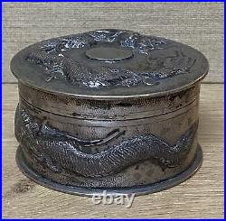 Antique Chinese Export box Silver. 900 decorated with Dragons