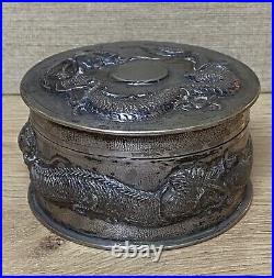 Antique Chinese Export box Silver. 900 decorated with Dragons