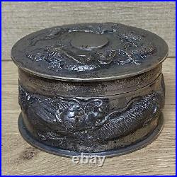 Antique Chinese Export box Silver. 900 decorated with Dragons