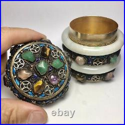 Antique Chinese Export filigree silver can with two Jadeite bangle