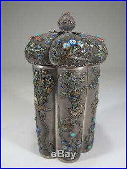 Antique Chinese Export filigree silver & enamel box # CS123