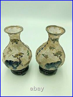 Antique Chinese Export filigree silver & enamel vases Elephant marked 925 Boxed