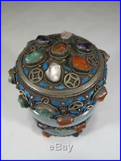 Antique Chinese Export filigree silver, jade & enamel box # CS131