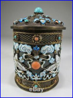 Antique Chinese Export filigree silver, jade & enamel box # CS22