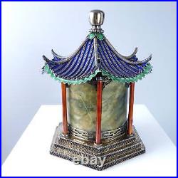 Antique Chinese Filigree Silver Enamel Pagoda Shaped Box with Hardstone Insert