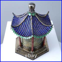 Antique Chinese Filigree Silver Enamel Pagoda Shaped Box with Hardstone Insert