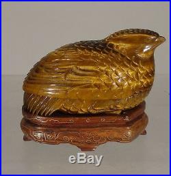 Antique Chinese Finely Carved Covered Tigers Eye Bird Box Silver Inlaid Stand