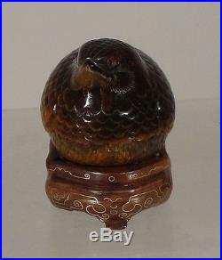 Antique Chinese Finely Carved Covered Tigers Eye Bird Box Silver Inlaid Stand
