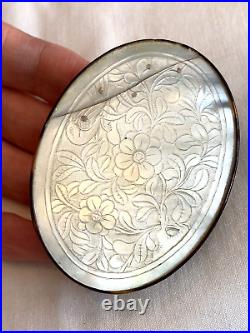 Antique Chinese Floral Mother of Pearl Snuff Box. Excellent Pinned Silver Repair