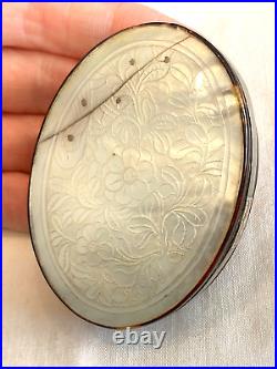 Antique Chinese Floral Mother of Pearl Snuff Box. Excellent Pinned Silver Repair