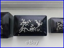 Antique Chinese Foochow Hwami Ware Black Lacquered Silver 5 Wooden Nesting Boxes