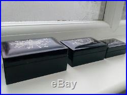 Antique Chinese Foochow Hwami Ware Black Lacquered Silver 5 Wooden Nesting Boxes