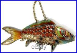 Antique Chinese Gilt Silver Articulated Orange Cloisonne Koi Fish Pendant with Box