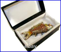 Antique Chinese Gilt Silver Articulated Orange Cloisonne Koi Fish Pendant with Box