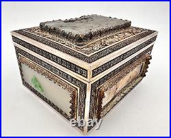Antique Chinese Gilt Silver Carved Nephrite White Jade Panel Filigree Box 1,158g