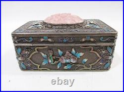 Antique Chinese Gilt Silver Enamel Rose Quartz Box Cloisonne