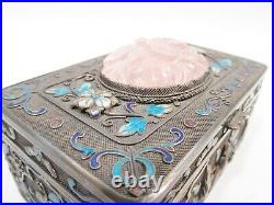 Antique Chinese Gilt Silver Enamel Rose Quartz Box Cloisonne