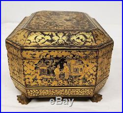 Antique Chinese Gilt Silver Lacquered Tea Caddy Sewing Kit Box Lacquer Painting