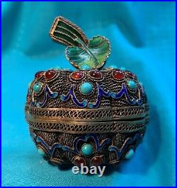 Antique Chinese Gold Gilt Silver Filigree Jeweled Enamel Figural Box