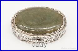 Antique Chinese Green Stone Sterling Silver Floral Etched Pill Snuff Beauty Box