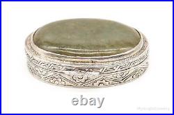 Antique Chinese Green Stone Sterling Silver Floral Etched Pill Snuff Beauty Box