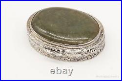 Antique Chinese Green Stone Sterling Silver Floral Etched Pill Snuff Beauty Box