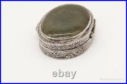 Antique Chinese Green Stone Sterling Silver Floral Etched Pill Snuff Beauty Box