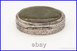 Antique Chinese Green Stone Sterling Silver Floral Etched Pill Snuff Beauty Box