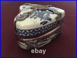 Antique Chinese Guangxu Porcelain Sterling Silver Dragon Overlay Trinket Box