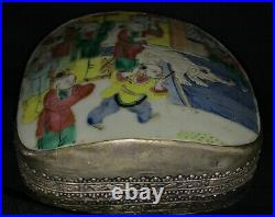 Antique Chinese HEAVY 326 G Silver Box with Porcelain Circus Elephant Top Ca. 1900