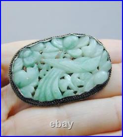 Antique Chinese Hand Carved Pierced Jade & Silver Filigree Pin Brooch Silk Box