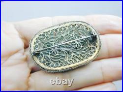 Antique Chinese Hand Carved Pierced Jade & Silver Filigree Pin Brooch Silk Box