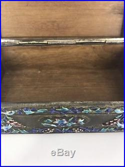 Antique Chinese Hinged Enamel Wood Silver Blue Green Cigarette Box Signed China