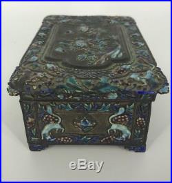 Antique Chinese Hinged Enamel Wood Silver Blue Green Cigarette Box Signed China