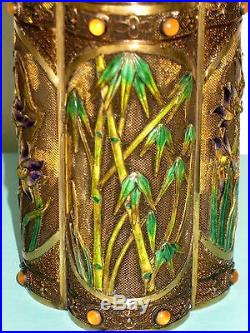 Antique Chinese Iris/bamboo Cloisonne Enamel Jade Silver Tea Caddie Jar Box