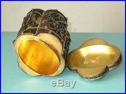 Antique Chinese Iris/bamboo Cloisonne Enamel Jade Silver Tea Caddie Jar Box