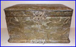 Antique Chinese Lotus Tea Caddy Metal Casket Velvet Lined Waterlily Export Box